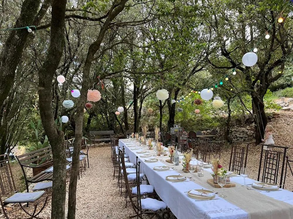Large family table set beneath the oak trees at the Mas